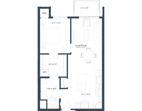 Floor plan for 1 bed, 1 bath, 726 sqft